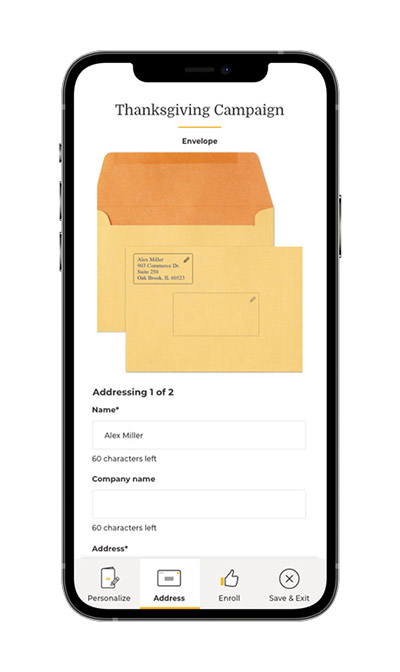 Mobile preview of card personalization website, addressing