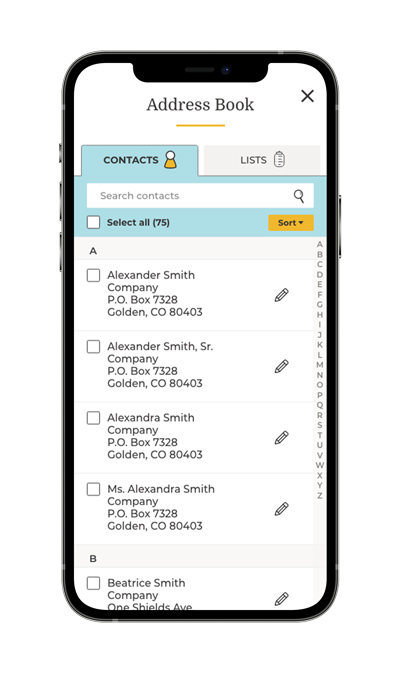 Mobile preview of card personalization website, address book