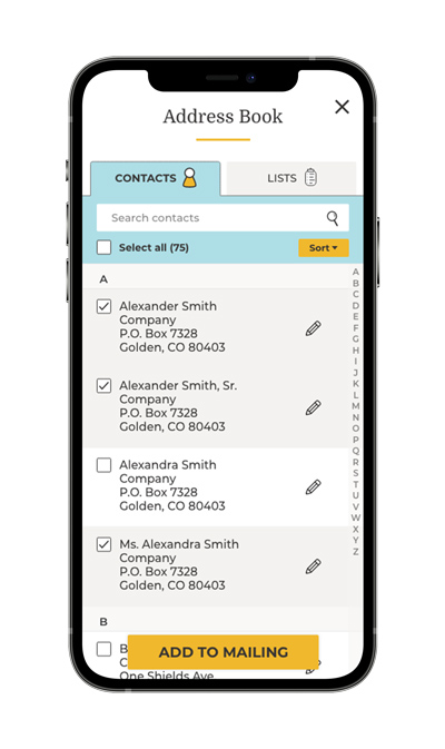Mobile preview of card personalization website, address book