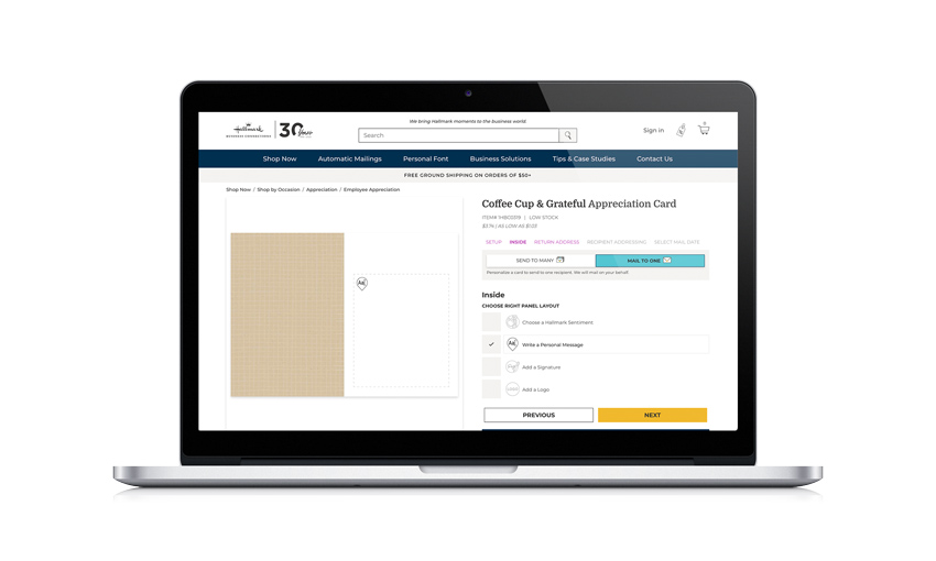 Preview of card personalization website, editing inside