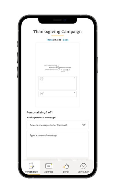 Mobile preview of card personalization website, editing inside
