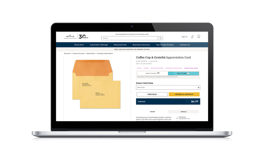Preview of card personalization website, addressing
